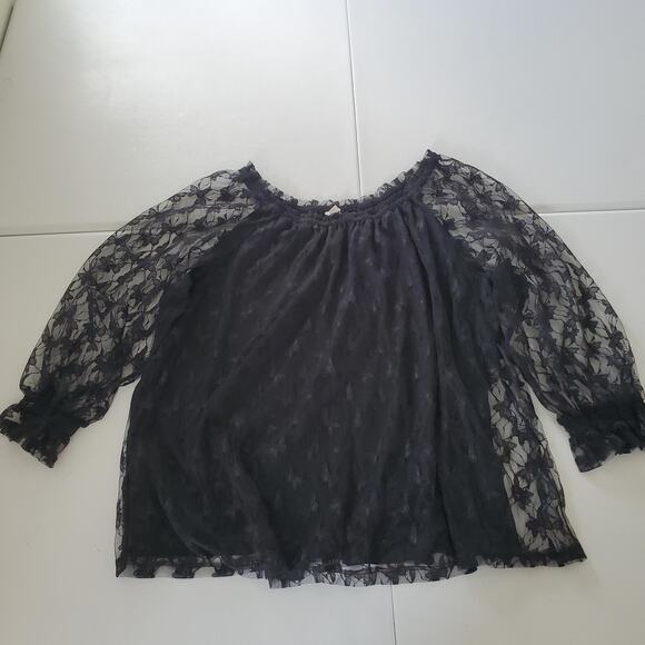 Whimsigoth Goth Shirt Womens 26 28W Black Sheer Butterfly Lace Mesh Ruffle - Picture 1 of 9
